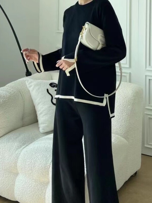 Moodsad värvitoonid kootud pükste komplektid naiste lahtised pikkade varrukatega kudumine kampsun lõhikuga laia säärega püksid kaheosaline komplekt naistele