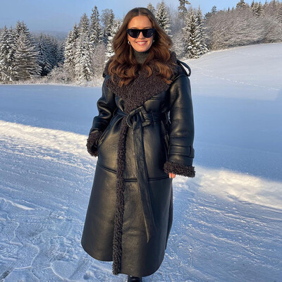 Vintage zamšādas kažokādas savārstījums sieviešu mētelis ar vaļēju atloku ar pogām ar pilnām piedurknēm, garas mētelis, 2024. gada ziemas dāmu divpusējs biezs mētelis