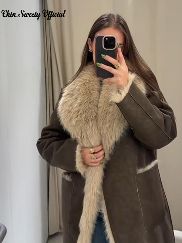 Vintage zamšādas kažokādas savārstījums sieviešu mētelis ar vaļēju atloku ar pogām ar pilnām piedurknēm, garas mētelis, 2024. gada ziemas dāmu divpusējs biezs mētelis