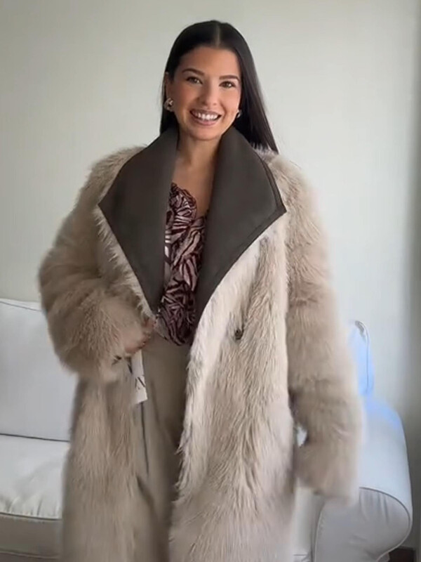 Vintage zamšādas kažokādas savārstījums sieviešu mētelis ar vaļēju atloku ar pogām ar pilnām piedurknēm, garas mētelis, 2024. gada ziemas dāmu divpusējs biezs mētelis