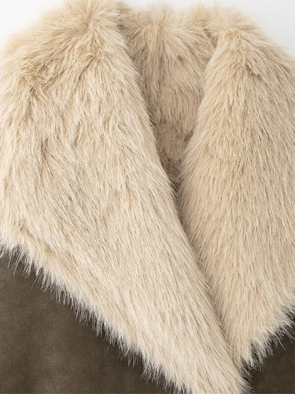 Vintage zamšādas kažokādas savārstījums sieviešu mētelis ar vaļēju atloku ar pogām ar pilnām piedurknēm, garas mētelis, 2024. gada ziemas dāmu divpusējs biezs mētelis