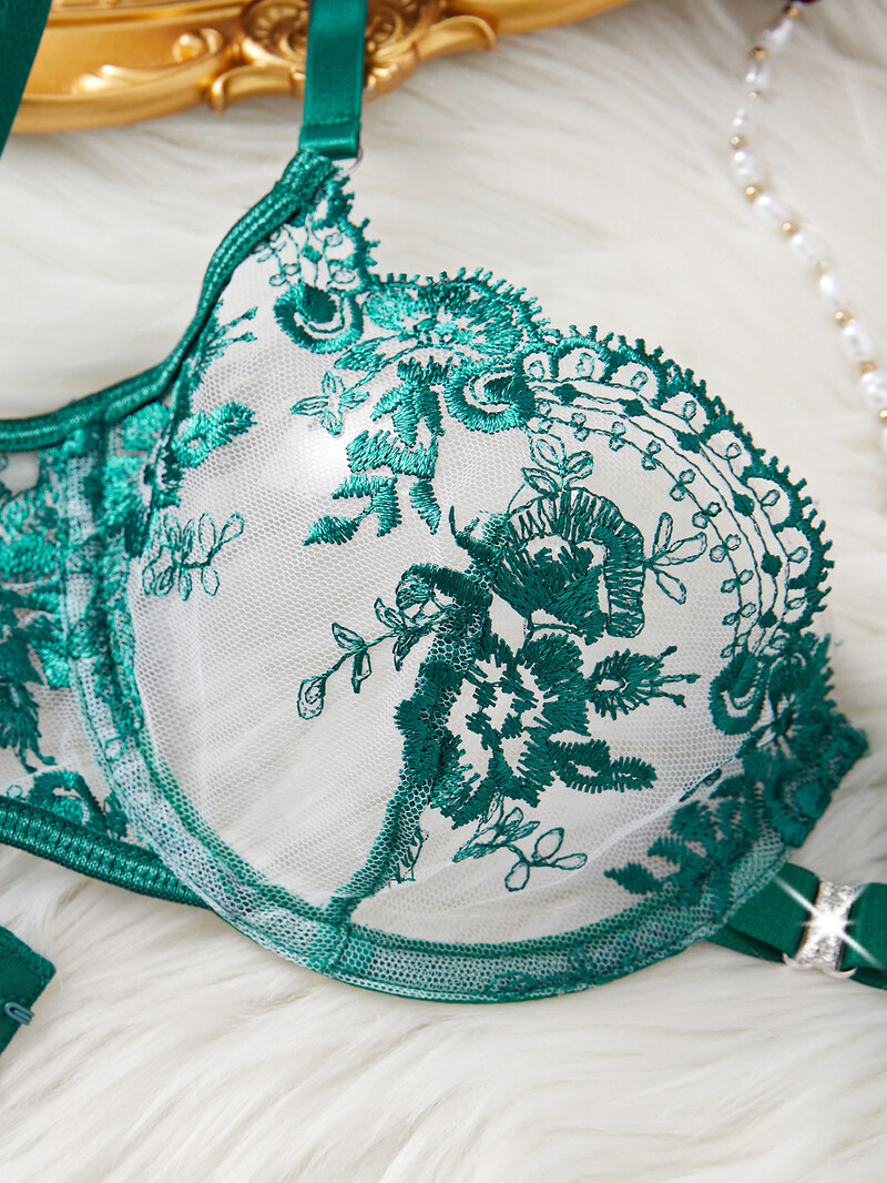 Set de sutien și chiloți pentru femei, elegantă din dantelă, senzuală, cu îmbinare din plasă, broderie, lenjerie erotică