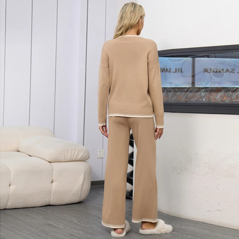 Rudens sieviešu komplekts, 2 daļīgs sporta trikotāžas kontrasta krāsa, džemperi ar garām piedurknēm ar izgriezumu un taisnas bikses ar augstu vidukli, ziemas sporta tērps