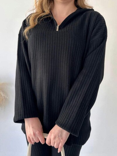 Set de două piese cu nervuri, cu fermoar, cu gât înalt, pentru femei, de iarnă, pulover ocazional, topuri calde, talie înaltă, pantaloni lați, cu desfășurare, costum femei