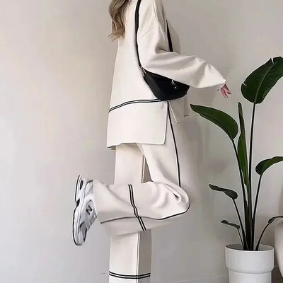 Seturi de pantaloni femei din două piese tricot cu mâneci întregi guler de sus pulovere talie midi pantaloni lungi drepte casual toamnă iarnă