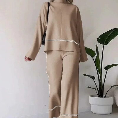 Seturi de pantaloni femei din două piese tricot cu mâneci întregi guler de sus pulovere talie midi pantaloni lungi drepte casual toamnă iarnă