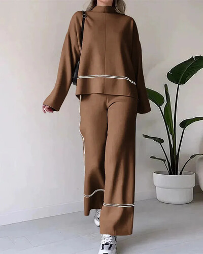 Seturi de pantaloni femei din două piese tricot cu mâneci întregi guler de sus pulovere talie midi pantaloni lungi drepte casual toamnă iarnă