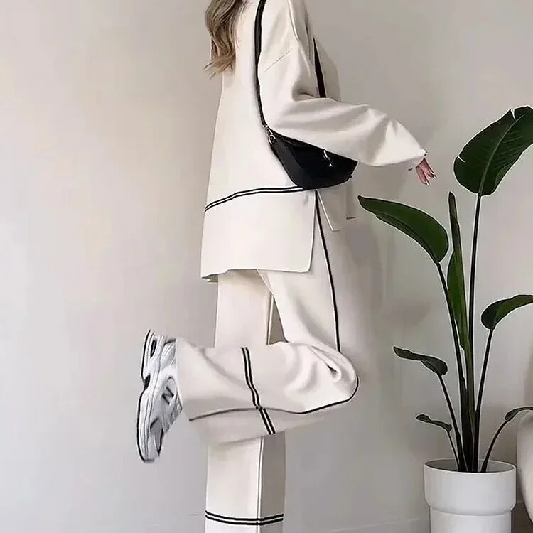 Seturi de pantaloni femei din două piese tricot cu mâneci întregi guler de sus pulovere talie midi pantaloni lungi drepte casual toamnă iarnă