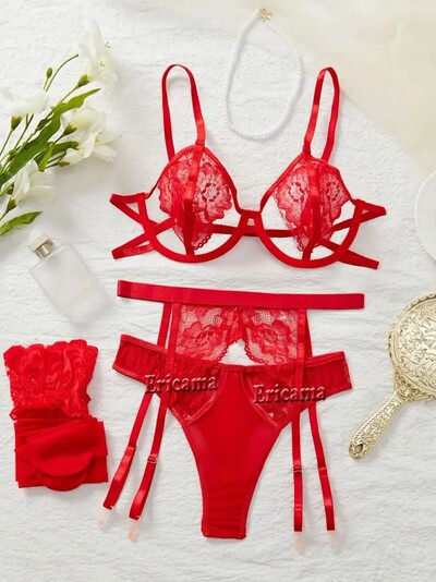 Set de lenjerie din dantelă Jartieră Set de lenjerie cu choker Femei Intimate 2024Sutien cu sârmă și tanga Set de lenjerie intimă pentru damă