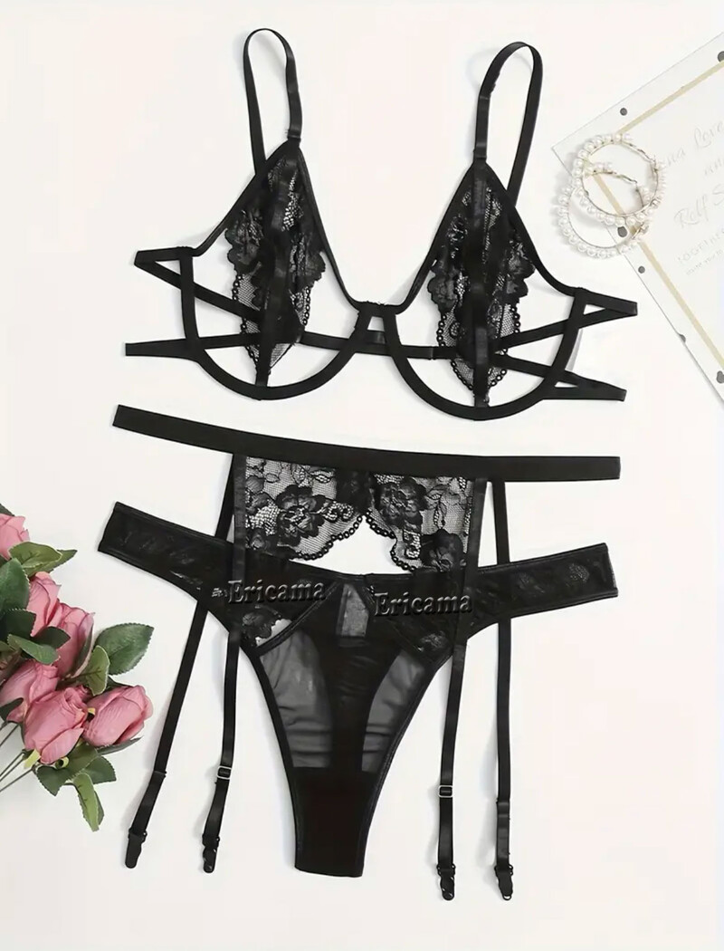 Set de lenjerie din dantelă Jartieră Set de lenjerie cu choker Femei Intimate 2024Sutien cu sârmă și tanga Set de lenjerie intimă pentru damă