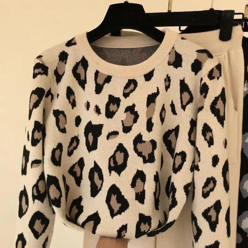 Ziemas jauni ikdienas eleganti sieviešu komplekti trikotāžas apģērbs leopards ar garām piedurknēm brīvs džemperis elastīgs vidukļa zīmuļu bikšu komplekts sportisks