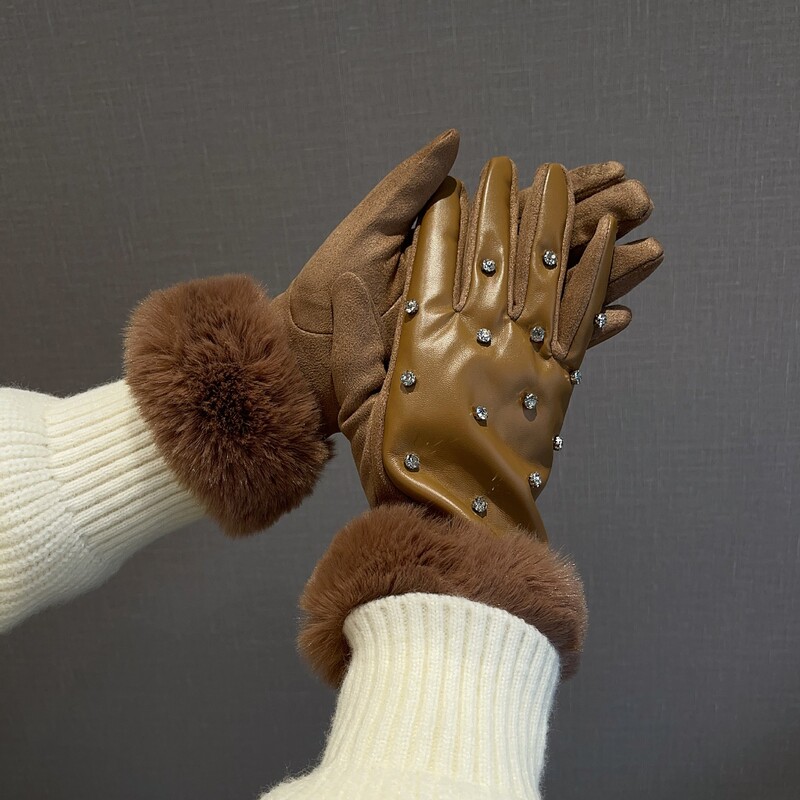 Mănuși de lux din piele PU pentru femei cu strass, mănuși calde de iarnă, rezistente la frig, cu manșetă cu garnitură din blană artificială, căptușeală termică, mănuși de petrecere