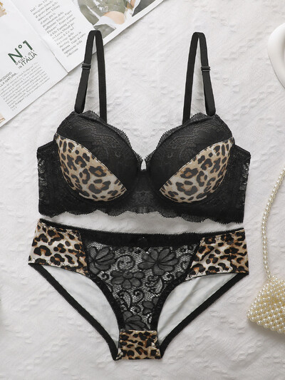 Bralette din dantelă cu imprimeu leopard pentru femei, sexy, cu inel de oțel, lenjerie confortabilă de ridicare, set de lenjerie triunghiulară B2076