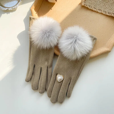 Gulfluri Elegante pentru Femei Toamna Iarna Căptușeală de pluș Drăguț Blană Pompon Bicolor Mănuși de Iarnă Damă