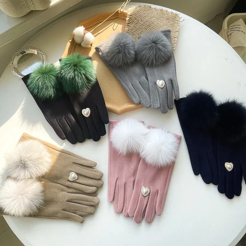 Gulfluri Elegante pentru Femei Toamna Iarna Căptușeală de pluș Drăguț Blană Pompon Bicolor Mănuși de Iarnă Damă