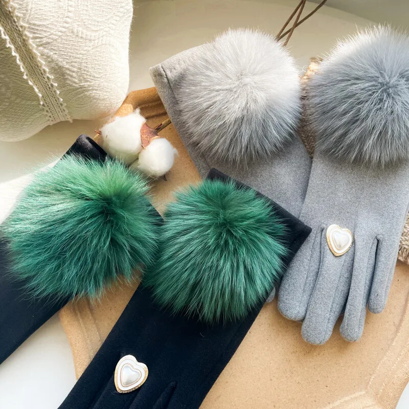 Gulfluri Elegante pentru Femei Toamna Iarna Căptușeală de pluș Drăguț Blană Pompon Bicolor Mănuși de Iarnă Damă