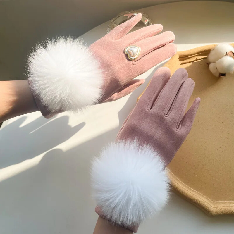 Gulfluri Elegante pentru Femei Toamna Iarna Căptușeală de pluș Drăguț Blană Pompon Bicolor Mănuși de Iarnă Damă