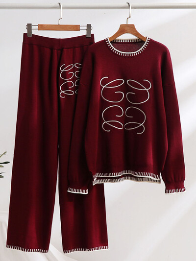 Design coreean Tricotat Seturi 2 piese Ocazional Tricoturi cu mânecă lungă Pulover Topuri Costume Femei Pantaloni de sport cu talie înaltă Conjuntos