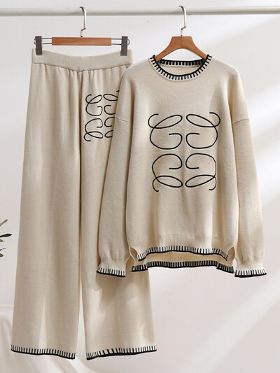 Design coreean Tricotat Seturi 2 piese Ocazional Tricoturi cu mânecă lungă Pulover Topuri Costume Femei Pantaloni de sport cu talie înaltă Conjuntos