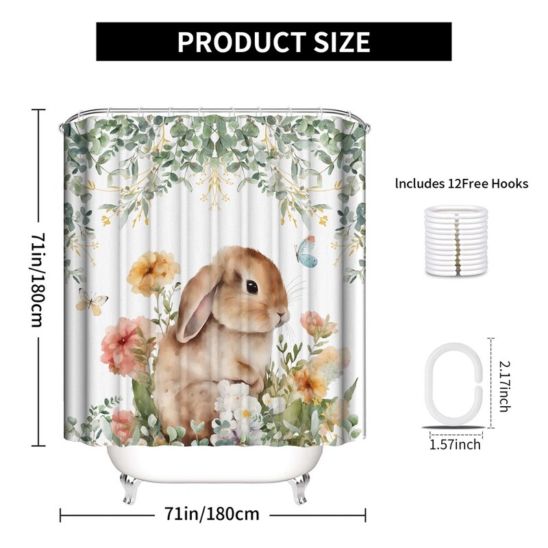 1 vnt., sodo triušis, moderni namų vonios vandeniui atspari dušo užuolaida, 12 plastikinių kabliukų, 71 colio * 71 colio