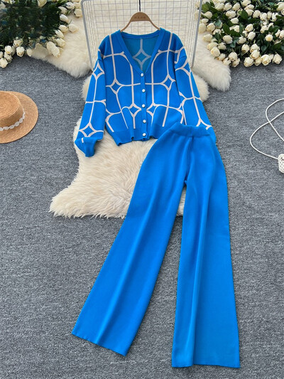 Elemente de bază Tricotat cu imprimeu Seturi de două piese Toamnă Iarnă Cardigan cu un singur piept+Pantaloni lungi cu picior lat Moda Streetwear Costume