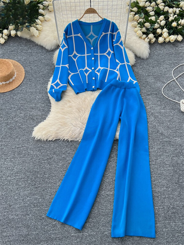 Elemente de bază Tricotat cu imprimeu Seturi de două piese Toamnă Iarnă Cardigan cu un singur piept+Pantaloni lungi cu picior lat Moda Streetwear Costume