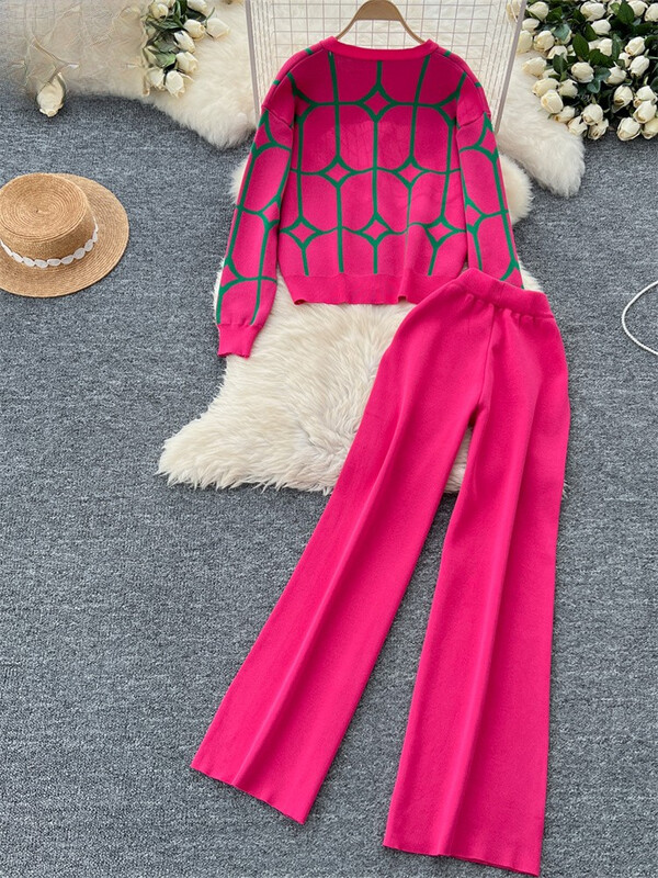 Elemente de bază Tricotat cu imprimeu Seturi de două piese Toamnă Iarnă Cardigan cu un singur piept+Pantaloni lungi cu picior lat Moda Streetwear Costume