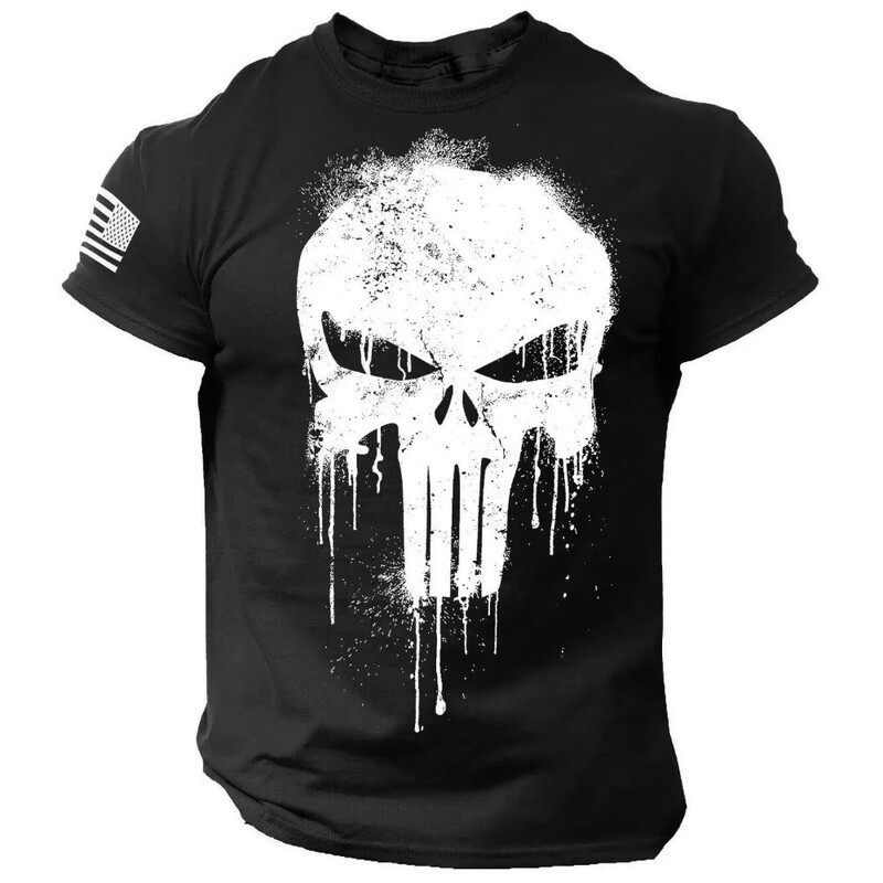 Vīriešu 3D Patriotic Military Skull Printed T-krekls ar īsām piedurknēm