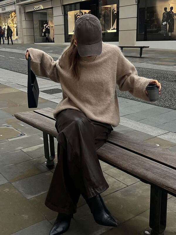 Pulover elegant din mohair moale, tricotat, ocazional, cu decolteu în formă de O, cu mânecă lungă, pulover liber, toamnă, cald, tricotaje pentru damă, High Street ﻿