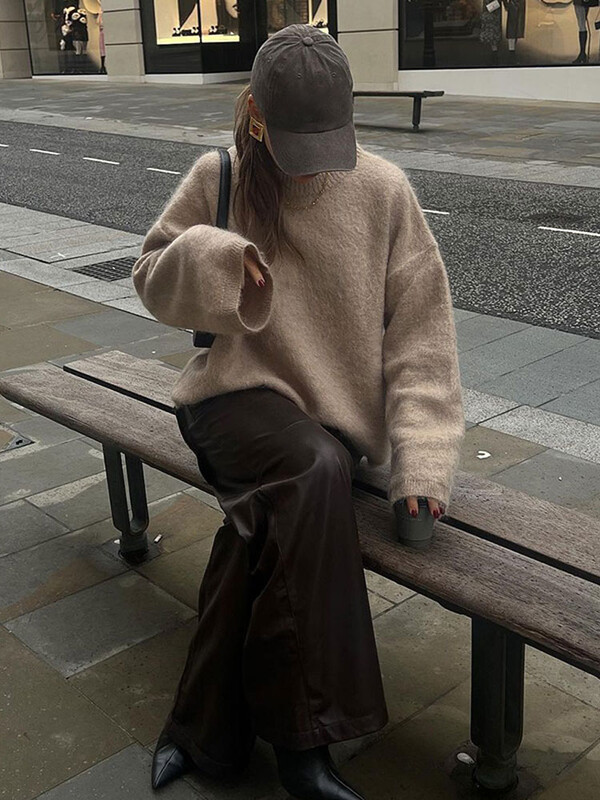 Pulover elegant din mohair moale, tricotat, ocazional, cu decolteu în formă de O, cu mânecă lungă, pulover liber, toamnă, cald, tricotaje pentru damă, High Street ﻿