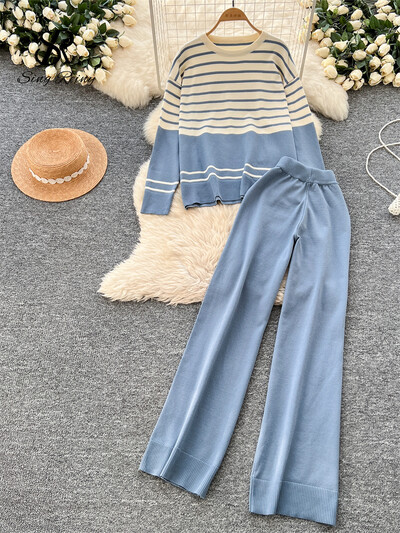 SINGREINY Costume de toamnă pentru femei în dungi Nou Gât în formă de mâneci lungi Top cald + Pantaloni lungi elastici Pulover lejer ocazional Seturi de două piese