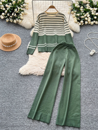 SINGREINY Costume de toamnă pentru femei în dungi Nou Gât în formă de mâneci lungi Top cald + Pantaloni lungi elastici Pulover lejer ocazional Seturi de două piese