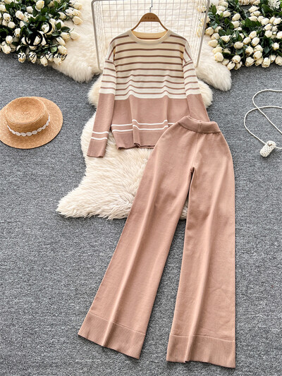 SINGREINY Costume de toamnă pentru femei în dungi Nou Gât în formă de mâneci lungi Top cald + Pantaloni lungi elastici Pulover lejer ocazional Seturi de două piese