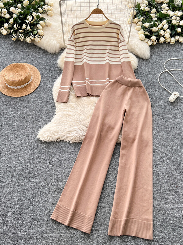 SINGREINY Costume de toamnă pentru femei în dungi Nou Gât în formă de mâneci lungi Top cald + Pantaloni lungi elastici Pulover lejer ocazional Seturi de două piese