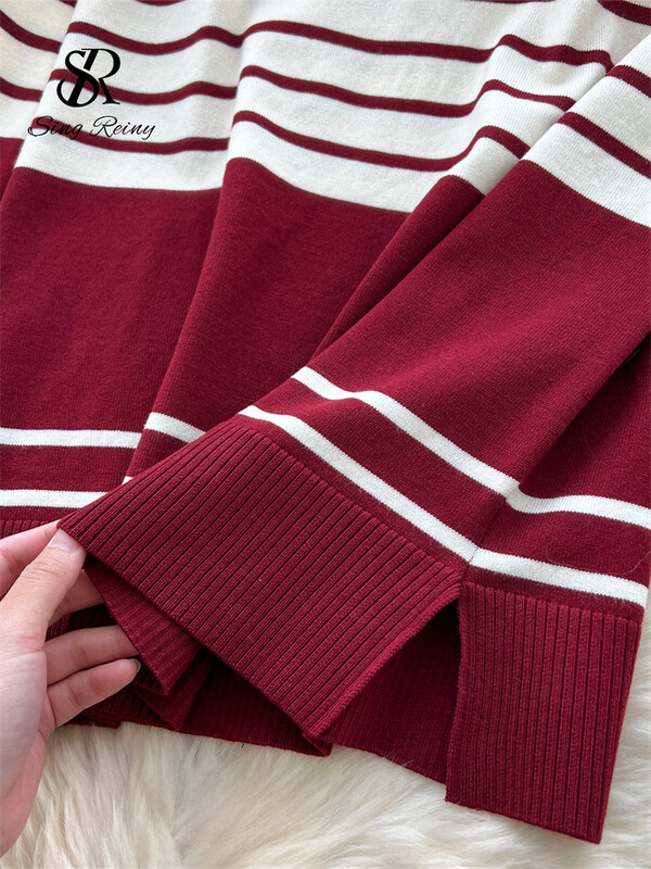 SINGREINY Costume de toamnă pentru femei în dungi Nou Gât în formă de mâneci lungi Top cald + Pantaloni lungi elastici Pulover lejer ocazional Seturi de două piese