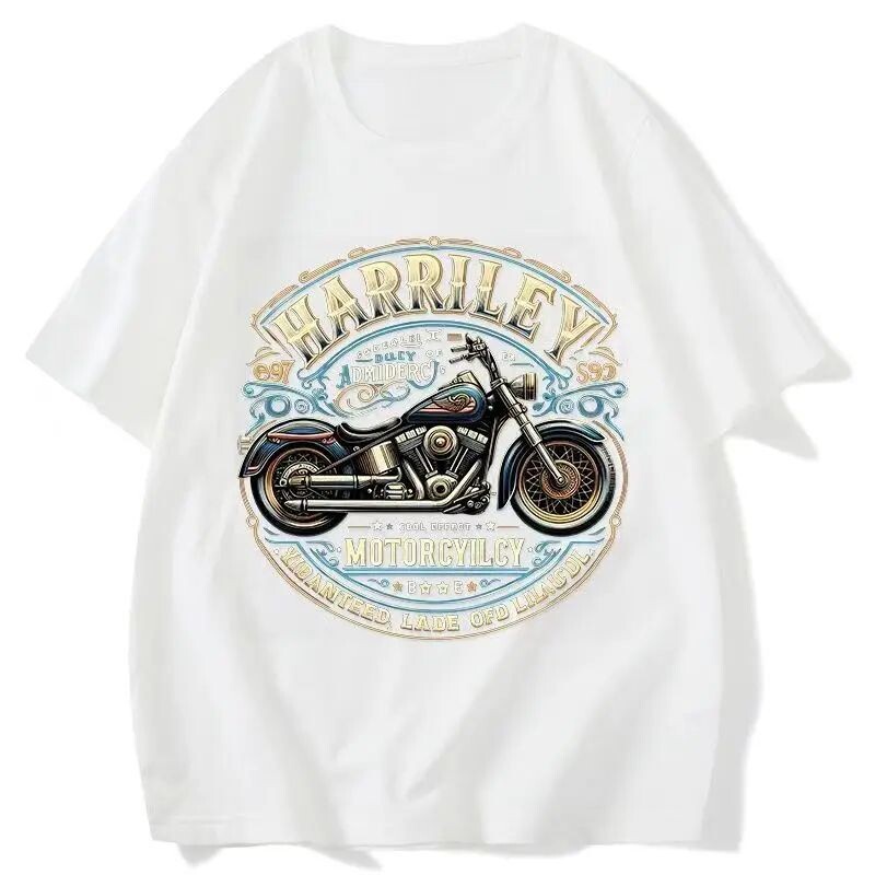 Tricou cu mâneci scurte din bumbac pentru bărbați și femei noi, tricou largi cu imprimeu Harley retro american Rock pentru motociclete