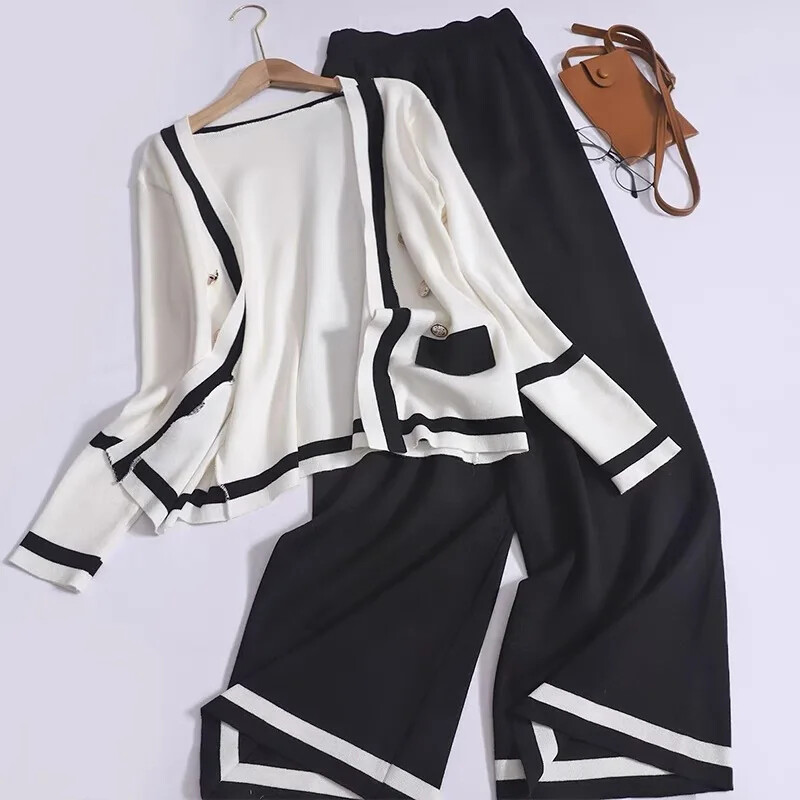 Kõrge vöökohaga kellukese põhjaga pikkade varrukatega kootud kardigan mitmekülgne 2-osaline komplekt Elegantne moodne Sensibility värviplokk