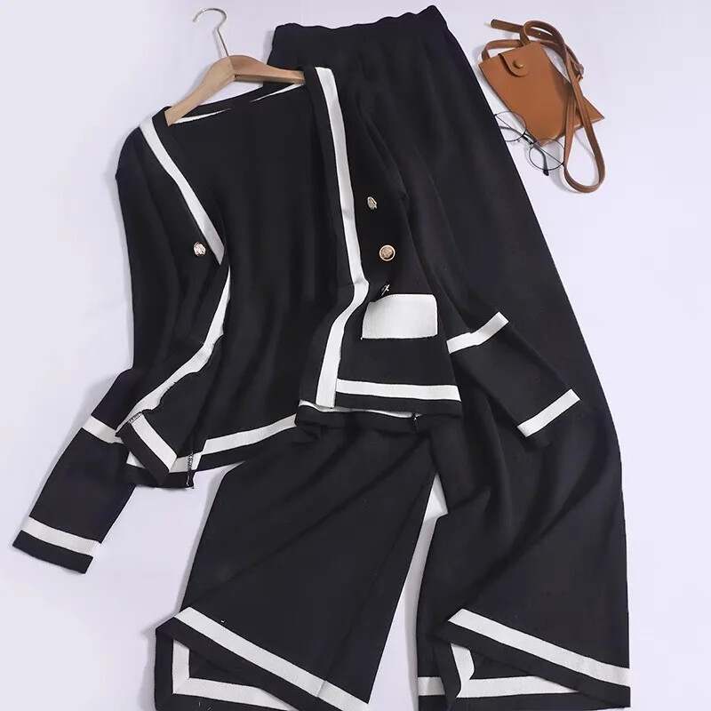 Kõrge vöökohaga kellukese põhjaga pikkade varrukatega kootud kardigan mitmekülgne 2-osaline komplekt Elegantne moodne Sensibility värviplokk