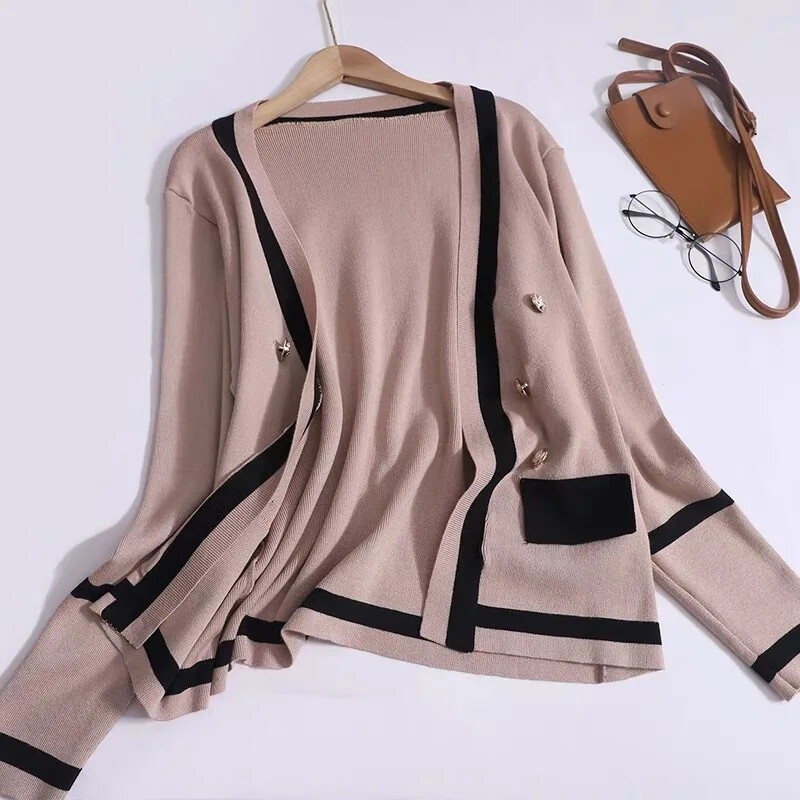 Kõrge vöökohaga kellukese põhjaga pikkade varrukatega kootud kardigan mitmekülgne 2-osaline komplekt Elegantne moodne Sensibility värviplokk