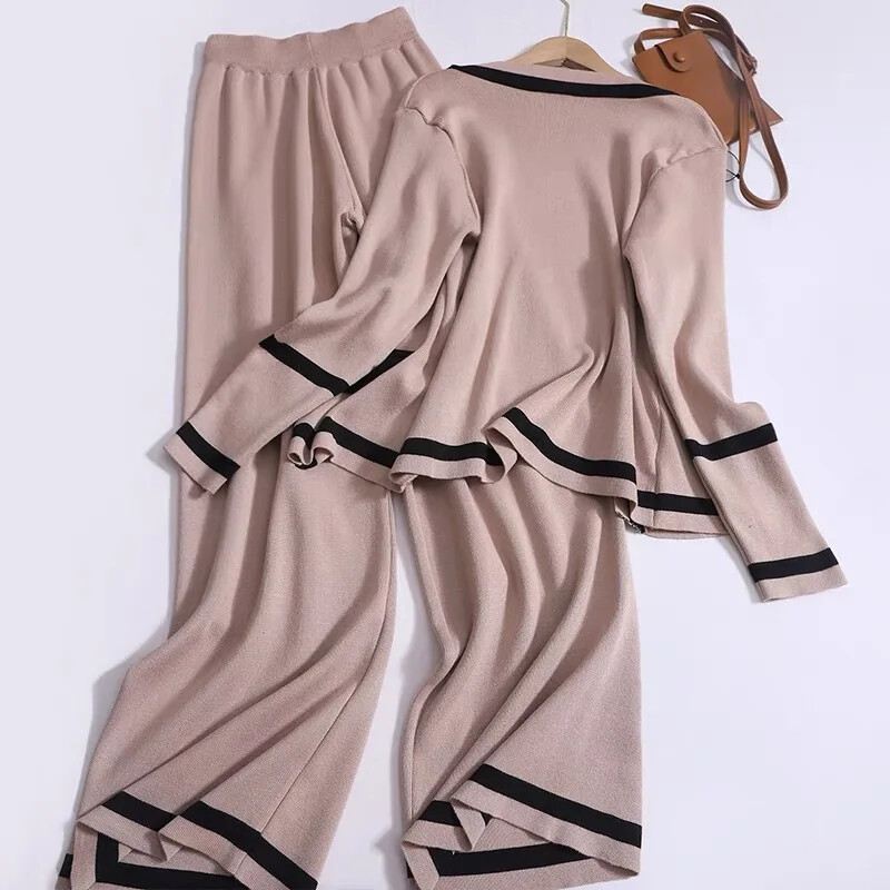 Kõrge vöökohaga kellukese põhjaga pikkade varrukatega kootud kardigan mitmekülgne 2-osaline komplekt Elegantne moodne Sensibility värviplokk