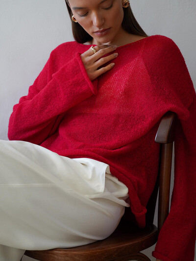 Hirsionsan Pulover Elegant Femei 2024 Nou Toamna Iarna Moda Casual Femei Largi Pulovere Chic Roșu Gri Pulover Sueter Mujer