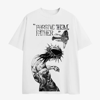 Forgive Them Father Letter Print T-shirt Мъжка извънгабаритна ежедневна памучна тениска с кръгло деколте с къс ръкав Всесезонно комфортно модно горнище