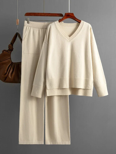 Kootud kampsun, 2 tükki, naiste komplekt, talvine sügis, soe V-kaelusega pullover, sirge sörkimispükste kostüümid, naiste vabaaja ülisuured dressid