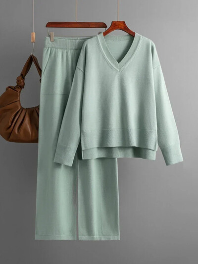 Kootud kampsun, 2 tükki, naiste komplekt, talvine sügis, soe V-kaelusega pullover, sirge sörkimispükste kostüümid, naiste vabaaja ülisuured dressid