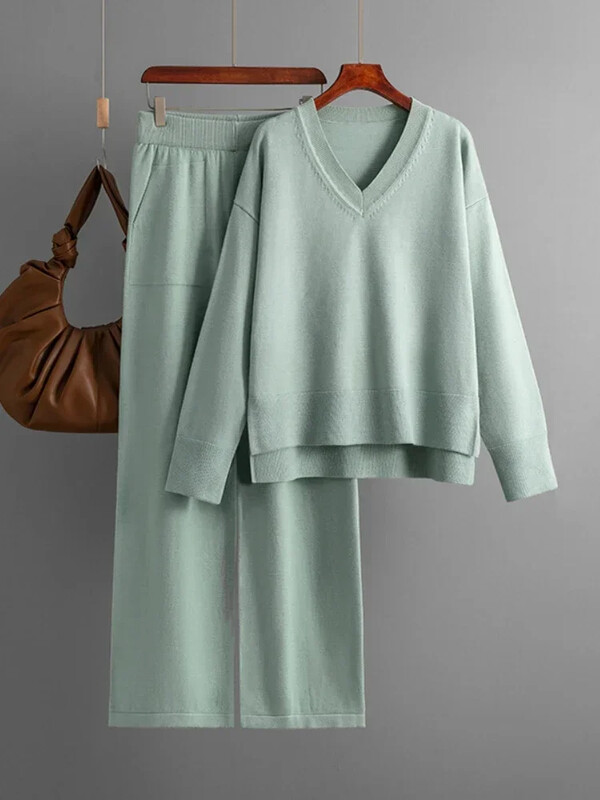 Kootud kampsun, 2 tükki, naiste komplekt, talvine sügis, soe V-kaelusega pullover, sirge sörkimispükste kostüümid, naiste vabaaja ülisuured dressid