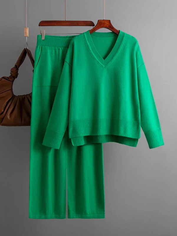 Kootud kampsun, 2 tükki, naiste komplekt, talvine sügis, soe V-kaelusega pullover, sirge sörkimispükste kostüümid, naiste vabaaja ülisuured dressid