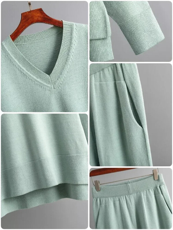 Kootud kampsun, 2 tükki, naiste komplekt, talvine sügis, soe V-kaelusega pullover, sirge sörkimispükste kostüümid, naiste vabaaja ülisuured dressid