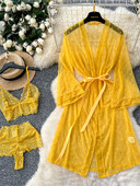 Дамско еротично бельо SINGREINY Комплекти от три части 2024 г. Комплект прозрачно дантелено бельо+мрежеста нощна роба Секси нощни костюми с принт на точки