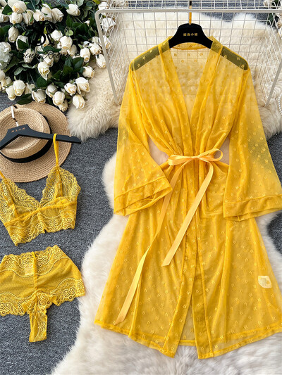 Дамско еротично бельо SINGREINY Комплекти от три части 2024 г. Комплект прозрачно дантелено бельо+мрежеста нощна роба Секси нощни костюми с принт на точки