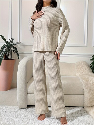Novi set pletenih trakastih traka sve-u-jednom za kućnu ležernu odjeću-tanak ovratnik sa samostojećim ovratnikom širokih hlača dugih rukava